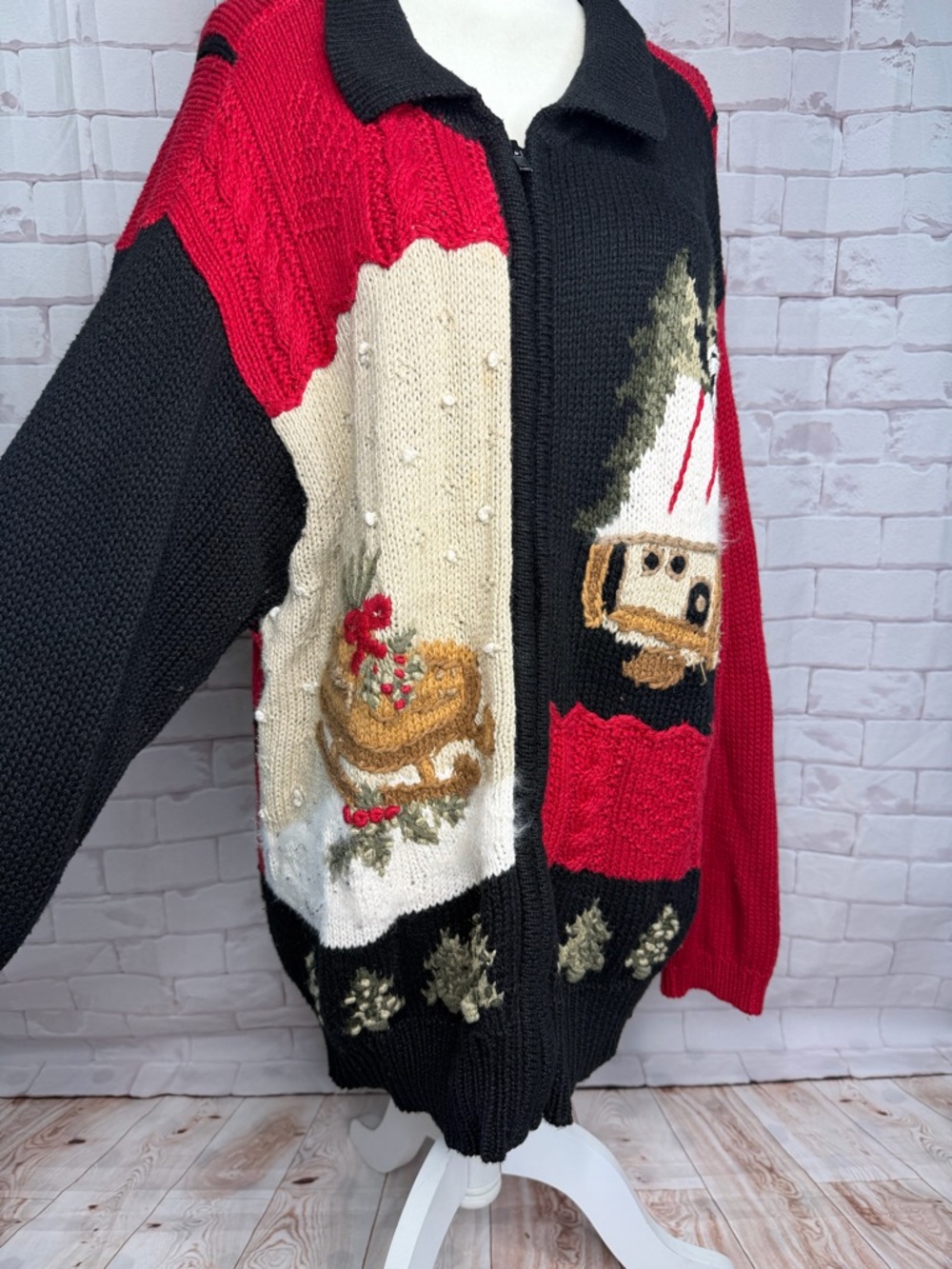 Vtg 90s Venezia Jeans‎ Womens Plus Patchwork Christmas Sweater Cardigan Full Zip